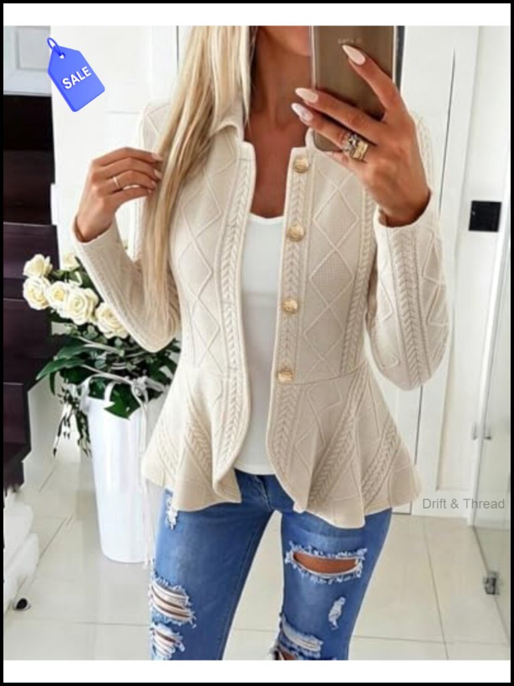 Cable Knit Button Front Ruffle Hem Lightweight Jacket - Picture 2 of 6